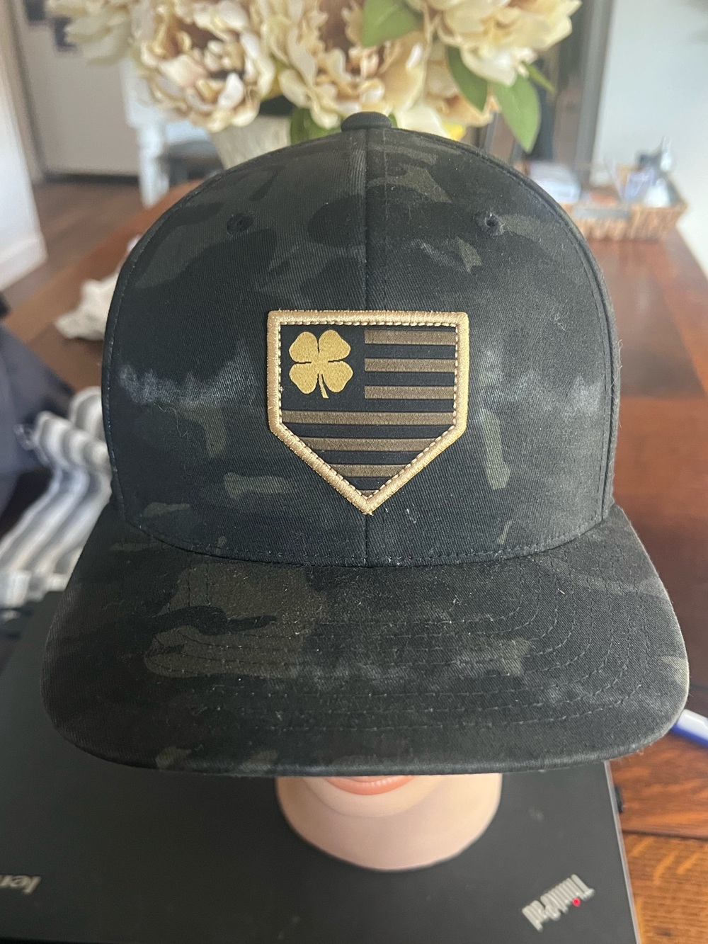 Black clover Camo Snapback Hat with Gold Shield Patch